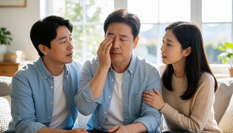 갑작스러운 눈 통증과 두통을 느끼는 남성