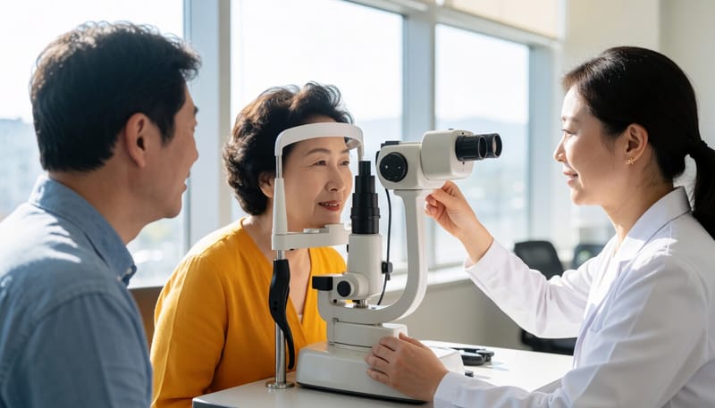시야검사 장비 앞에 앉아 검사를 받는 여성