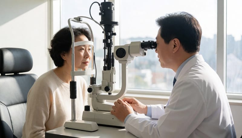 안과에서 안압 측정 검사를 받는 환자의 모습