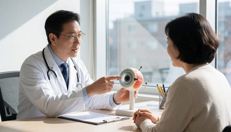 안과 의사가 눈 모형을 보며 치료법을 설명하는 모습