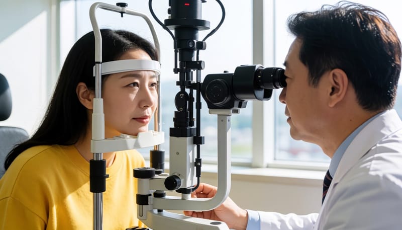세극등 현미경으로 눈 상태를 검사받는 여성의 모습