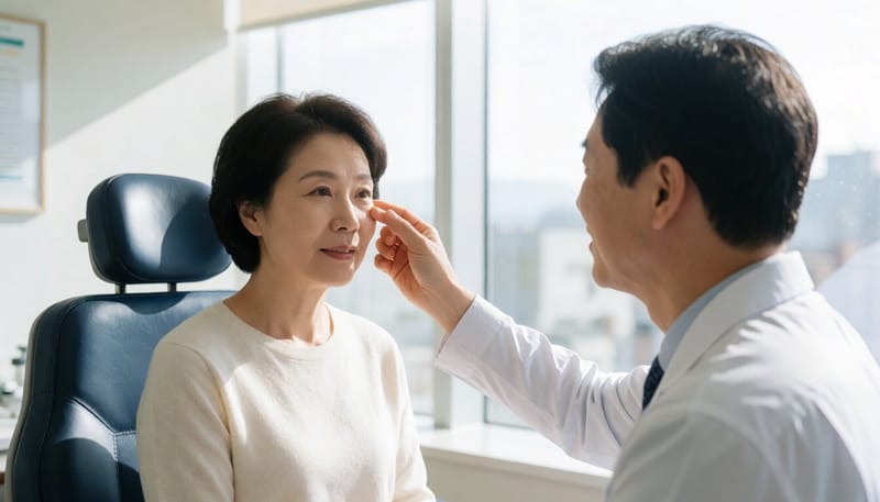 눈이 건조해 눈가를 만지는 중년 여성의 모습
