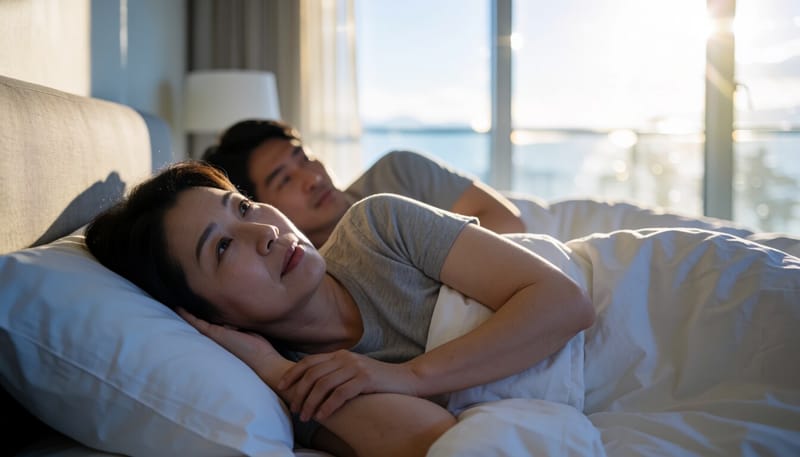 밤에 잠을 이루지 못하고 뒤척이는 중년 여성