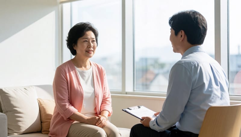상담실에서 전문가와 이야기를 나누는 중년 여성