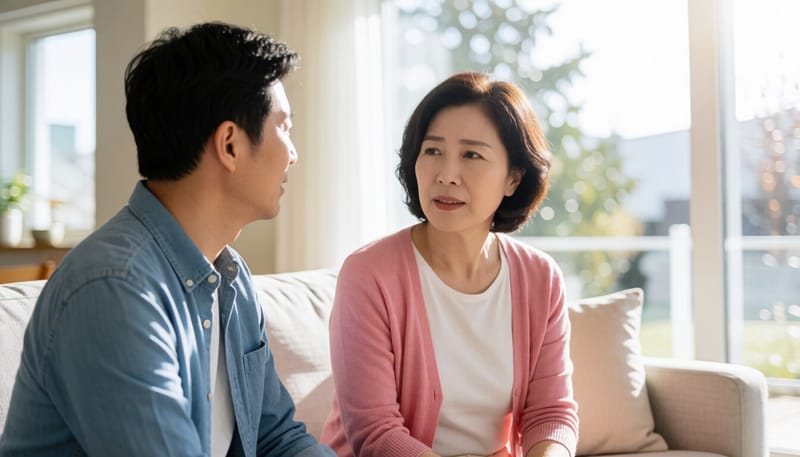 오른쪽 옆구리 아래를 손으로 짚고 있는 여성