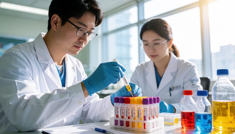 병원 검사실에서 혈액 샘플을 다루는 임상병리사