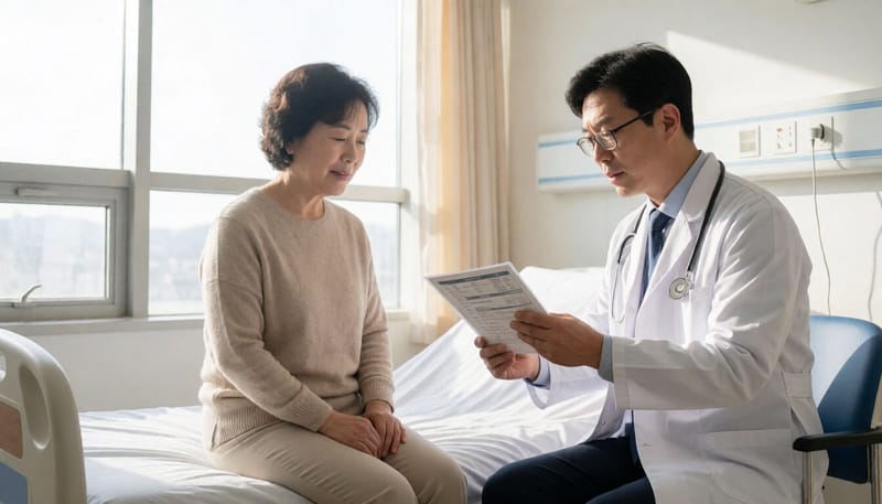 병원에서 허리를 짚고 있는 중년 여성과 혈액검사 결과를 살피는 의사