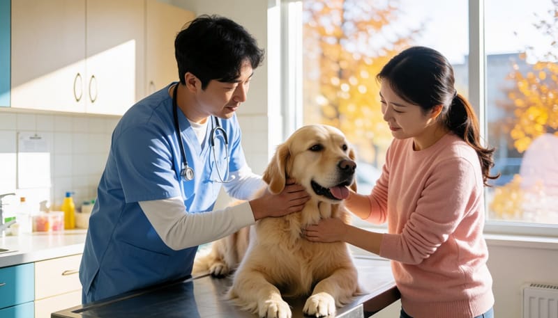 동물병원에서 수의사가 반려견을 진찰하는 모습