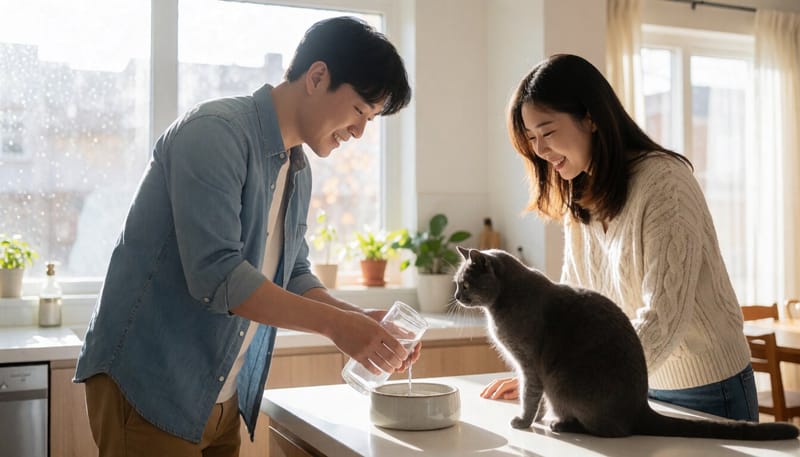 물그릇에 신선한 물을 채워주는 보호자와 지켜보는 고양이