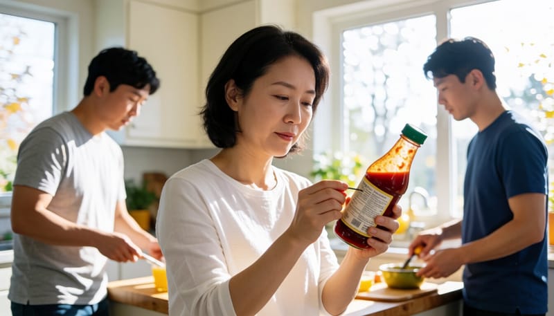 주방에서 소스 제품의 라벨을 확인하는 소비자 모습
