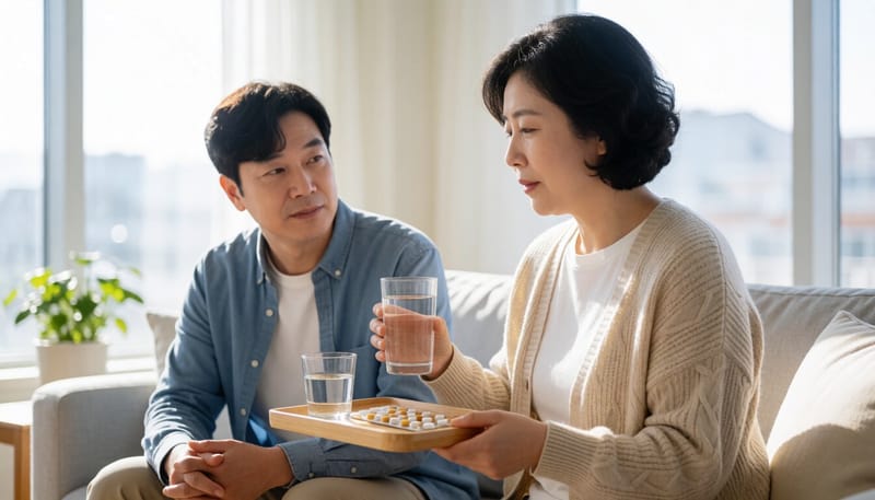 시술 후 집에서 약을 복용하며 회복하는 모습