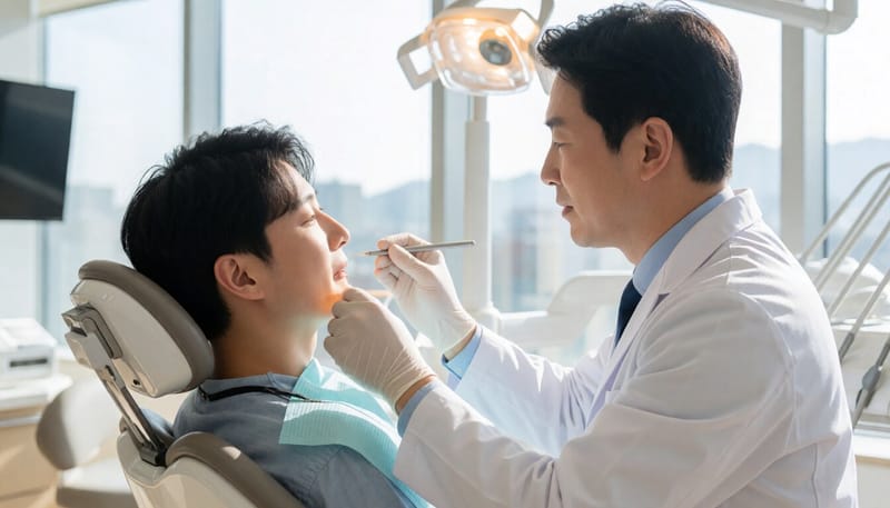 치과에서 턱 움직임을 검사받는 환자