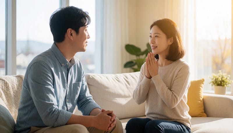 집에서 턱과 목 스트레칭을 하는 여성