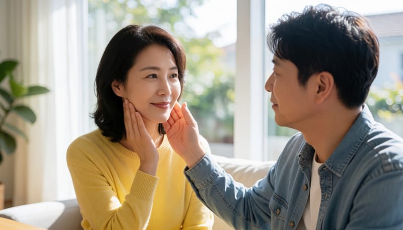 턱을 손으로 짚으며 통증을 느끾는 여성의 모습