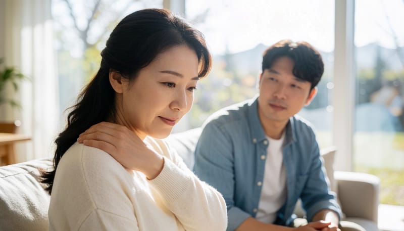 소파에 앉아 등 윗부분을 손으로 짚는 여성