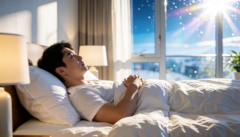 베개로 상체를 높이고 누워 있는 남성의 모습