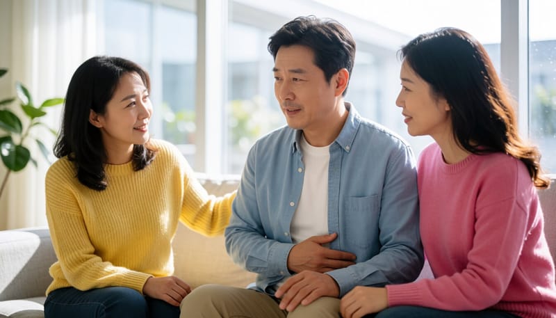 복통을 호소하며 명치 부위를 손으로 누르고 있는 중년 남성의 모습