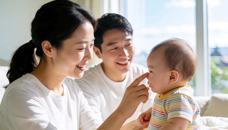아기의 대천문을 확인하는 보호자