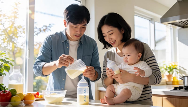 분유를 정량대로 타는 보호자의 모습
