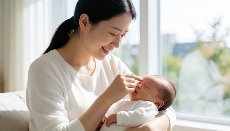 아기 이마를 살펴보는 보호자의 모습
