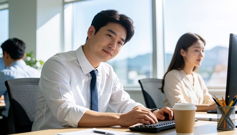 한국인 남성이 사무실에서 목을 기울여 스트레칭하는 모습