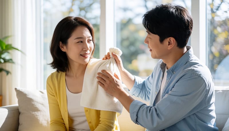 한국인 여성이 어깨에 온찜질을 하는 모습