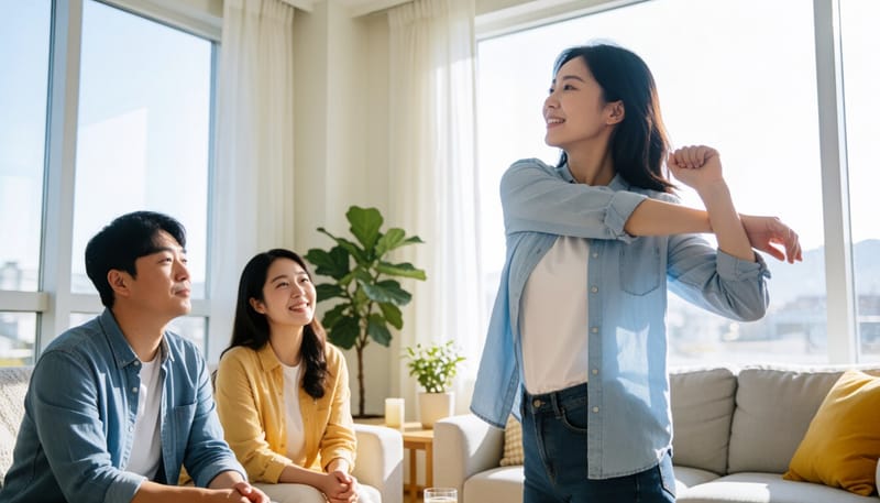 한국인 여성이 집에서 어깨 스트레칭을 하는 모습