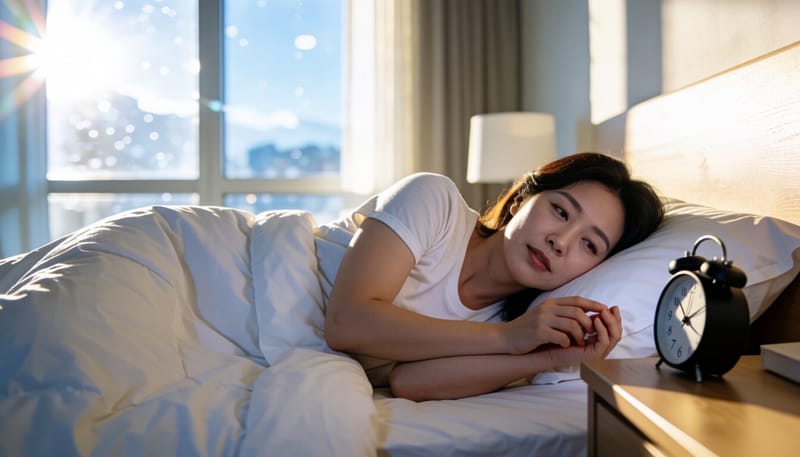 한국 여성이 어두운 침실에서 잠들지 못한 채 시계를 보고 있는 모습