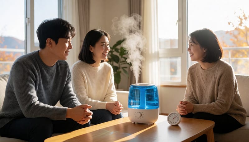 실내에 놓인 가습기에서 수증기가 올라오는 모습
