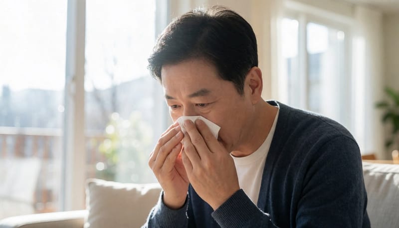 코피가 났을 때 고개를 숙이고 코를 지압하는 모습