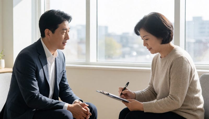진료실에서 평가 척도 설문지를 작성하는 환자