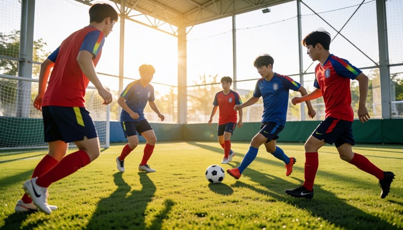 운동장에서 축구 연습을 하는 청소년들의 모습
