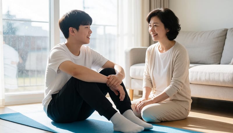 집에서 허벅지 스트레칭을 하는 청소년과 지켜보는 부모