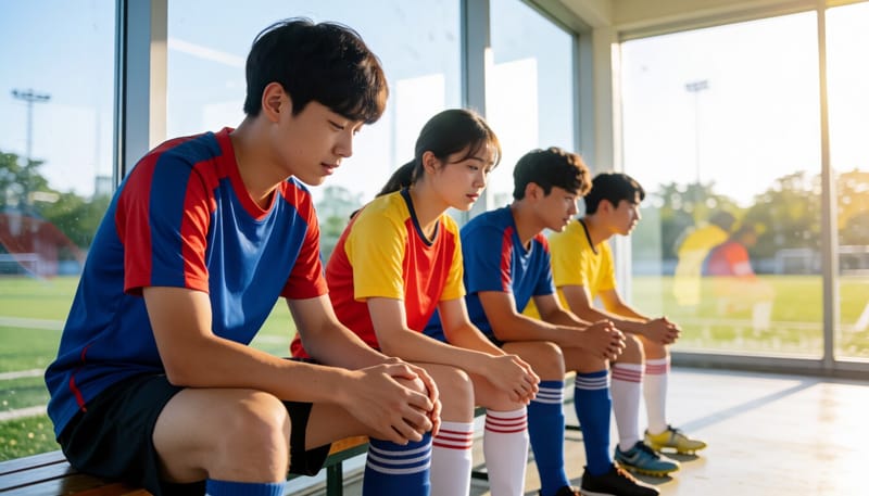 축구 유니폼을 입은 청소년이 운동장에서 무릎을 감싸고 있는 모습