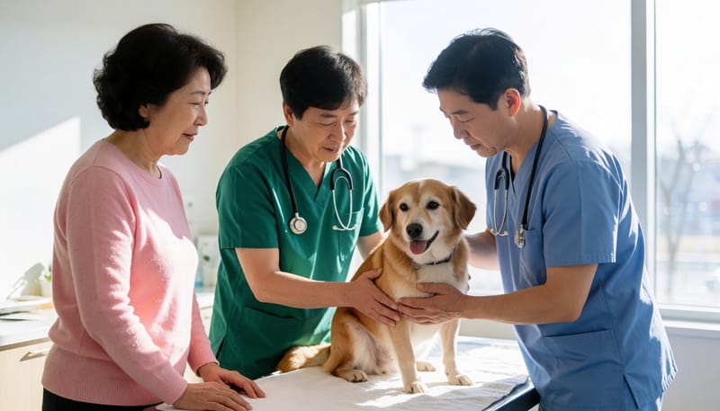 동물병원에서 반려견을 진찰하는 수의사와 보호자