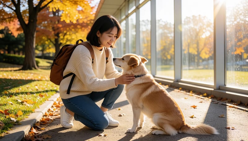 가을 산책 후 반려견의 몸을 살펴보는 보호자