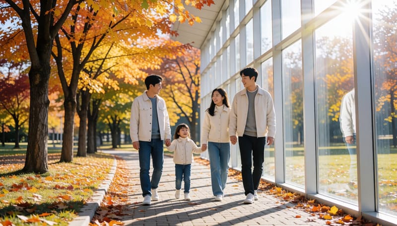 가을 공원을 산책하는 가족의 모습