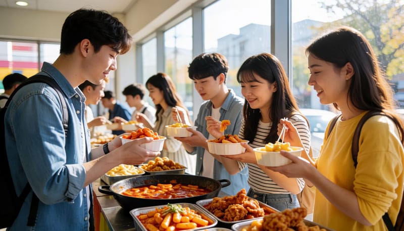 유럽 학생들이 한국 길거리 음식을 시식하는 모습