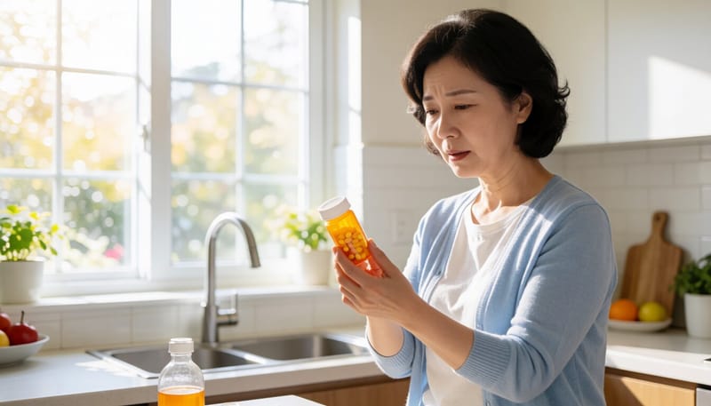약병을 살펴보며 걱정스러운 표정을 짓는 중년 여성