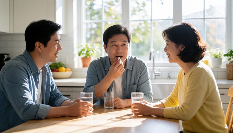 집에서 처방받은 약을 복용하는 남성의 모습