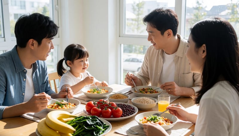 칼륨이 풍부한 채소와 과일이 차려진 식사 모습