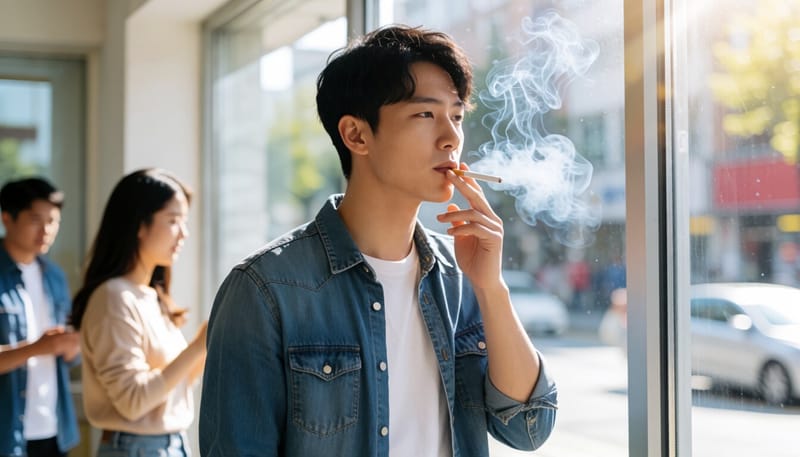 담배를 피우는 마른 체형의 젊은 남성 뒷모습