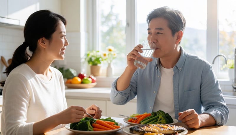 물을 마시며 식단을 관리하는 중년 남성