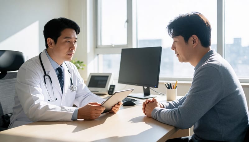 비뇨의학과 진료실에서 의사와 상담 중인 남성 환자