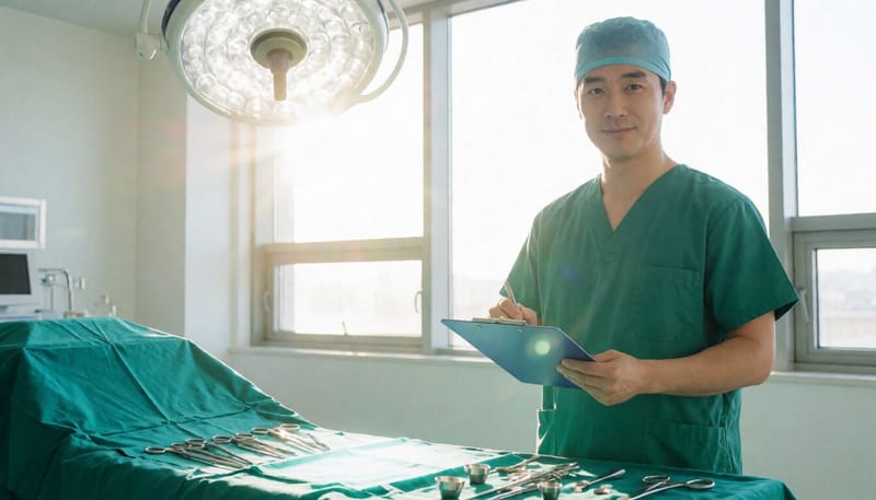 수술 전 점검 중인 의료진과 수술 기구가 놓인 수술실