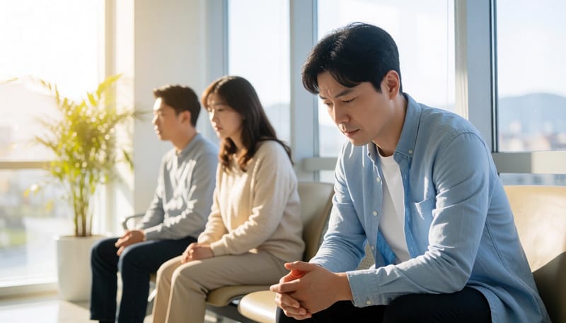 비뇨의학과 대기실에서 고민스러운 표정으로 앉아 있는 남성