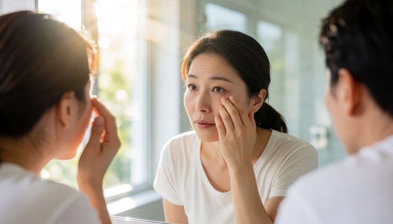 눈밑 멍과 부기를 확인하는 여성의 모습