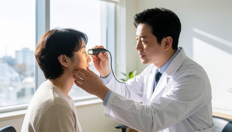 의사가 환자의 눈밑을 진찰하는 모습
