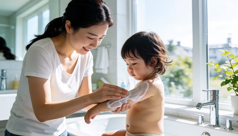 목욕 후 아이 팔에 보습제를 발라주는 어머니