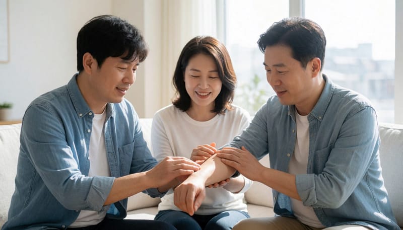 가정에서 팔에 연고를 바르고 있는 사람의 모습